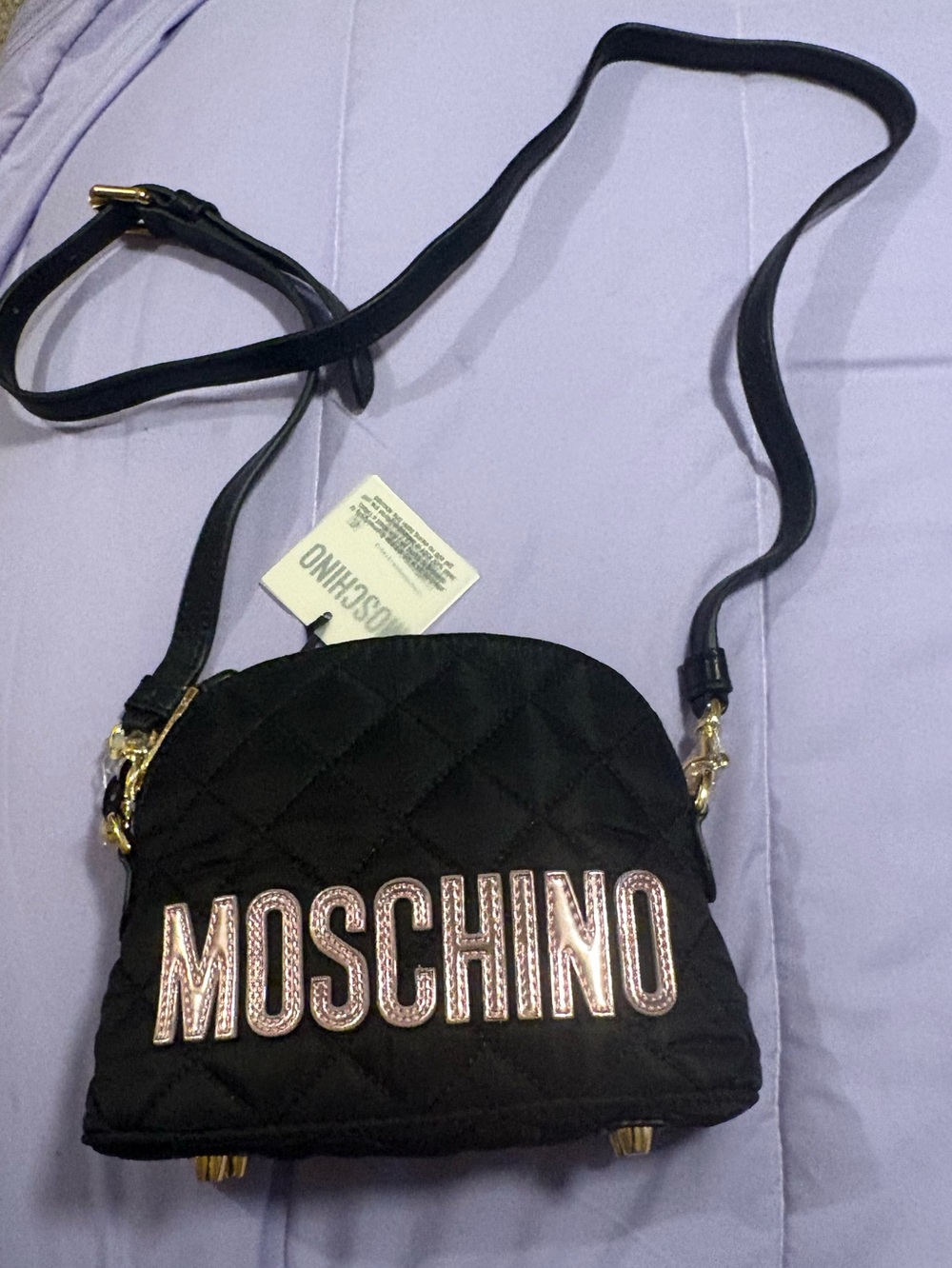 Moschino Black Quilted Crossbody with Pink-Outlined Logo